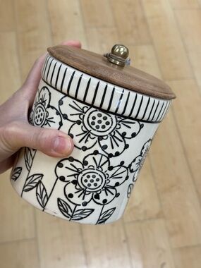 Hand-Drawn Floral Ceramic Canister with Wooden Lid